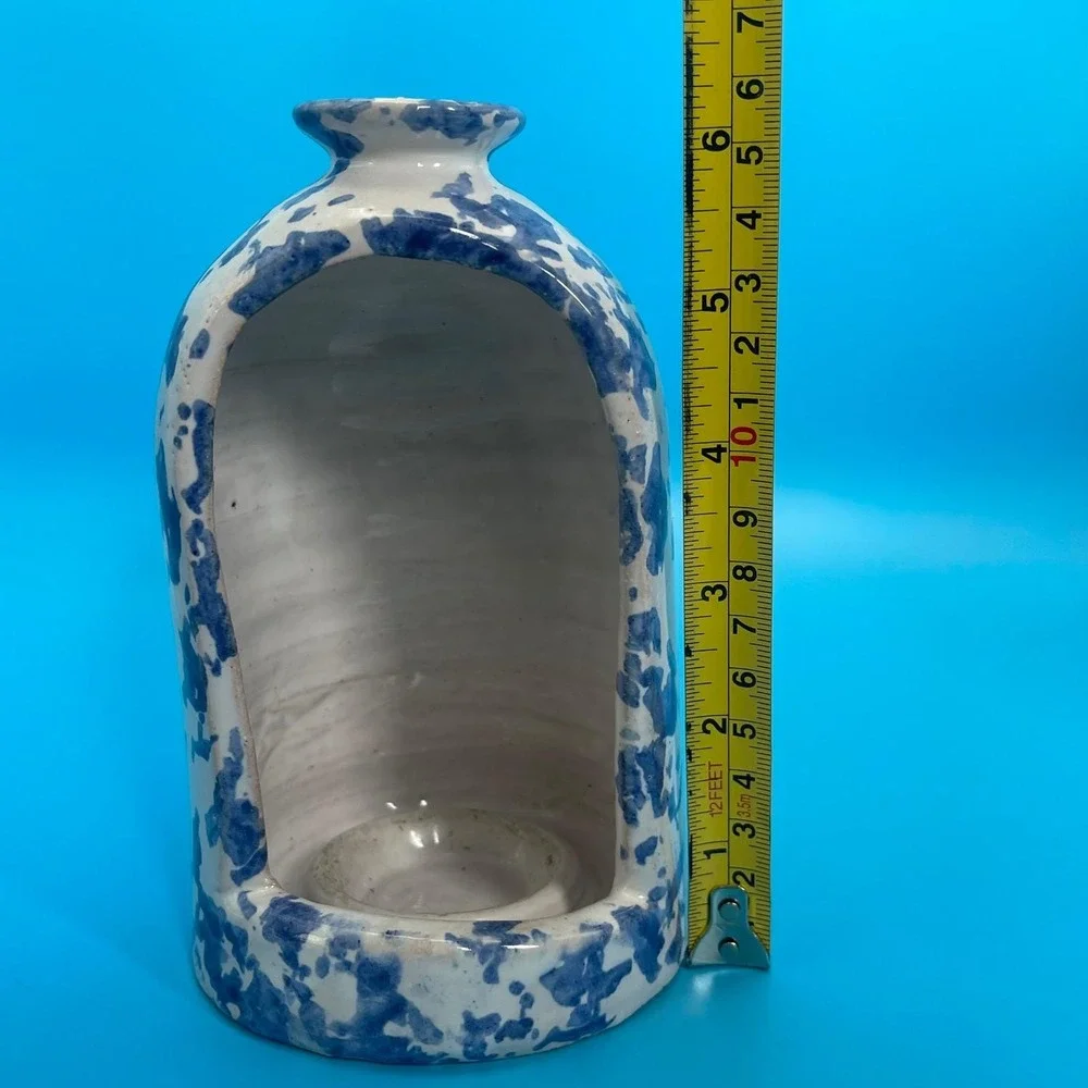 Vintage Spongeware Stoneware Pottery‎ Candle Holder Lantern White Blue Speckled